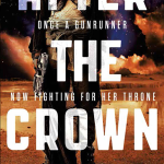After the Crown - a women in front profile holding a futuristic gun with an orange/blue star background