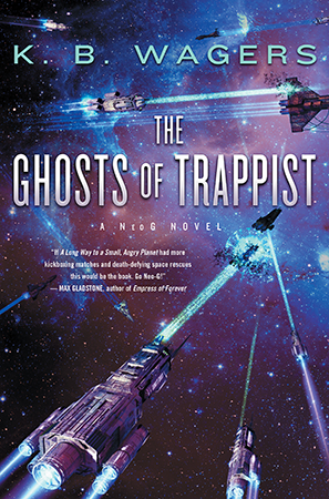 Cover of Ghosts of Trappist by K.B. Wagers, NeoG ships battle it out with pirate ships against a purplish space background. 